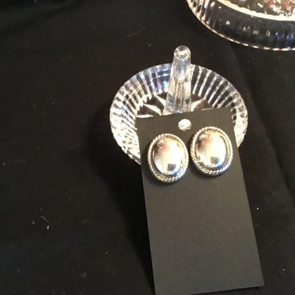 Shiny Silvertone Oval Earring with Rope Bezel